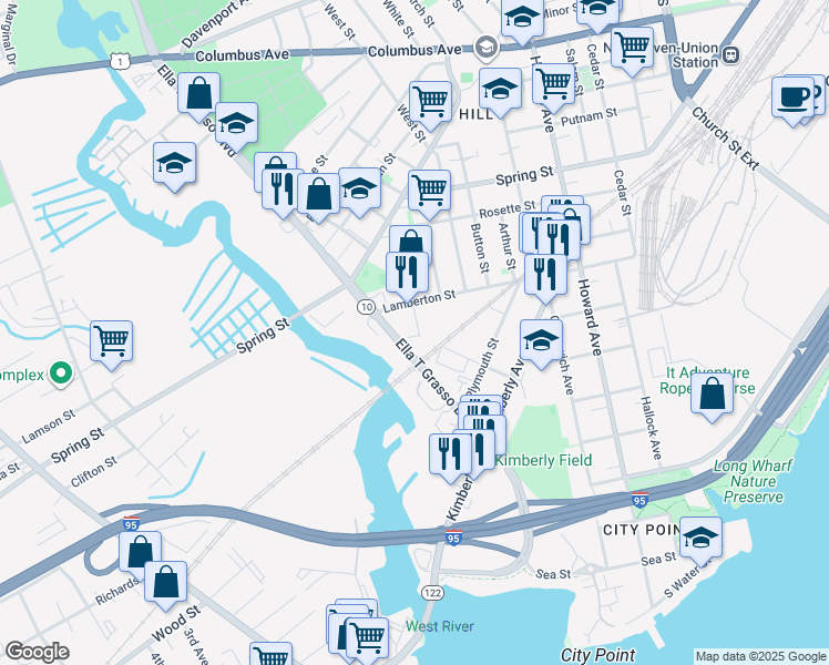 map of restaurants, bars, coffee shops, grocery stores, and more near 22 Morris Street in New Haven