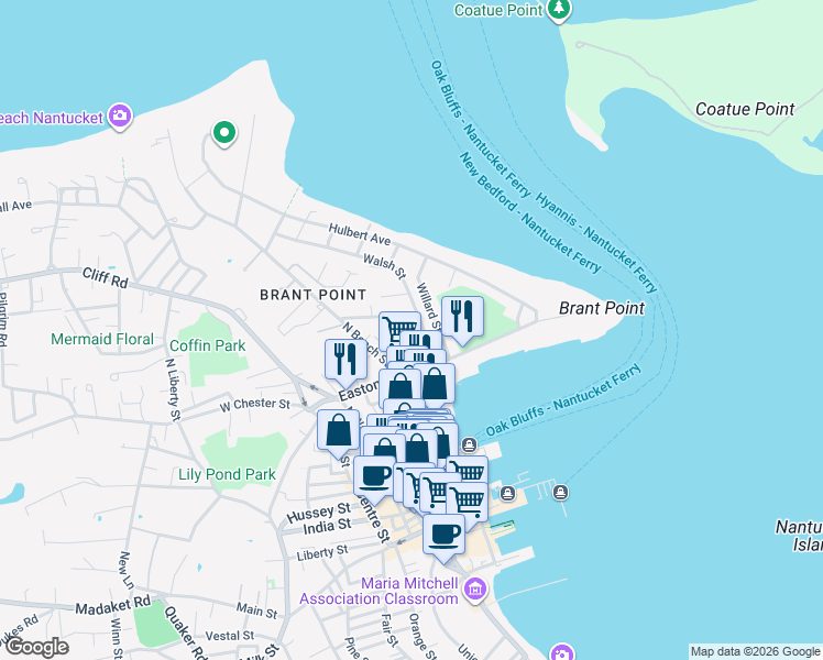 map of restaurants, bars, coffee shops, grocery stores, and more near 8 Walsh Street in Nantucket