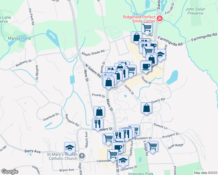 map of restaurants, bars, coffee shops, grocery stores, and more near 613 Main Street in Ridgefield