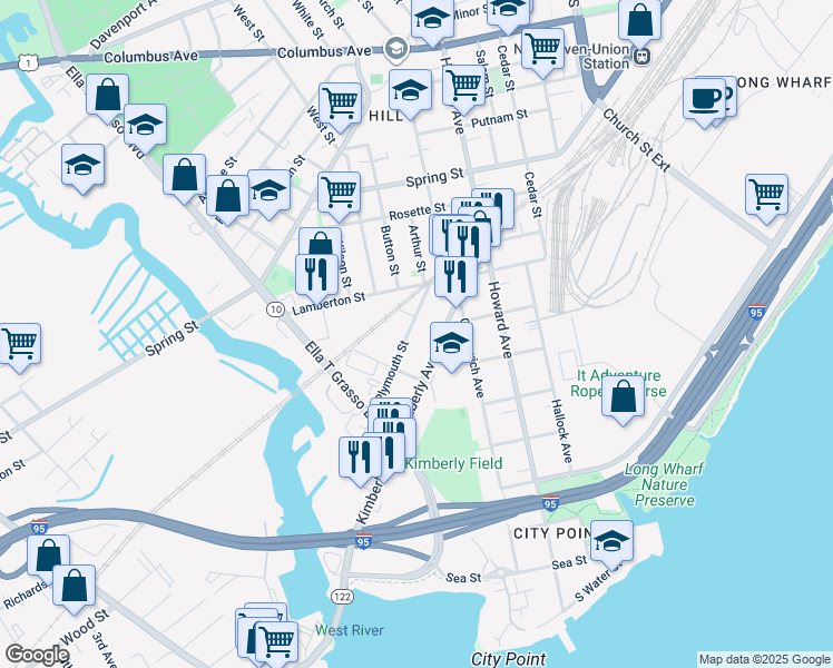 map of restaurants, bars, coffee shops, grocery stores, and more near 114 Plymouth Street in New Haven