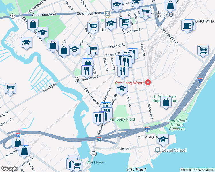 map of restaurants, bars, coffee shops, grocery stores, and more near 114 Plymouth Street in New Haven