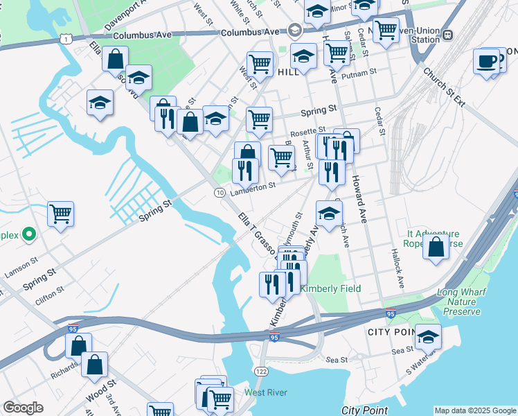 map of restaurants, bars, coffee shops, grocery stores, and more near 22 Morris Street in New Haven