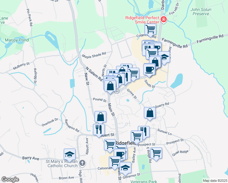 map of restaurants, bars, coffee shops, grocery stores, and more near 12 Stebbins Close in Ridgefield