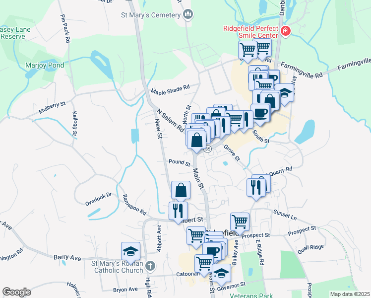 map of restaurants, bars, coffee shops, grocery stores, and more near 613 Main Street in Ridgefield