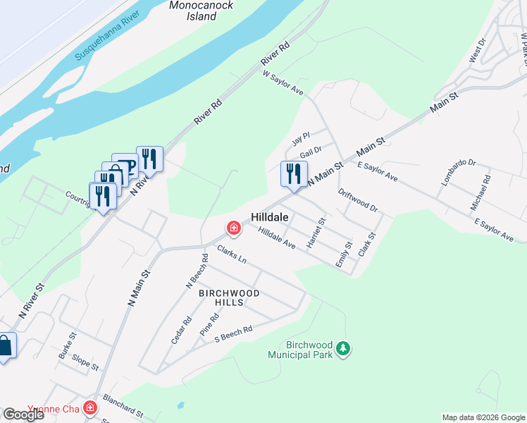 map of restaurants, bars, coffee shops, grocery stores, and more near in Hilldale