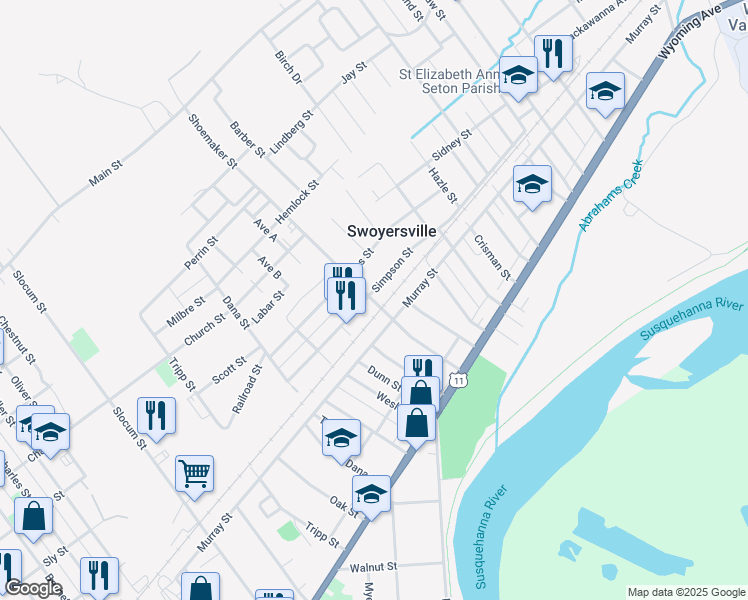 map of restaurants, bars, coffee shops, grocery stores, and more near 207 Simpson Street in Kingston