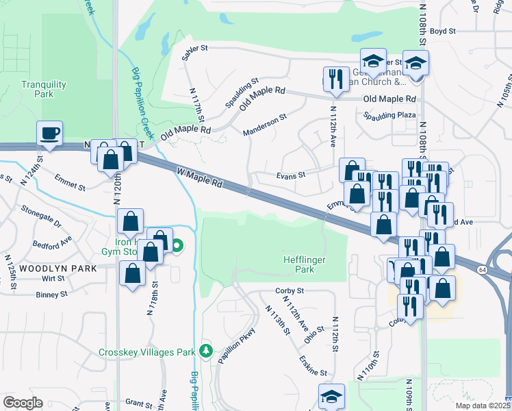 map of restaurants, bars, coffee shops, grocery stores, and more near 11433 West Maple Road in Omaha