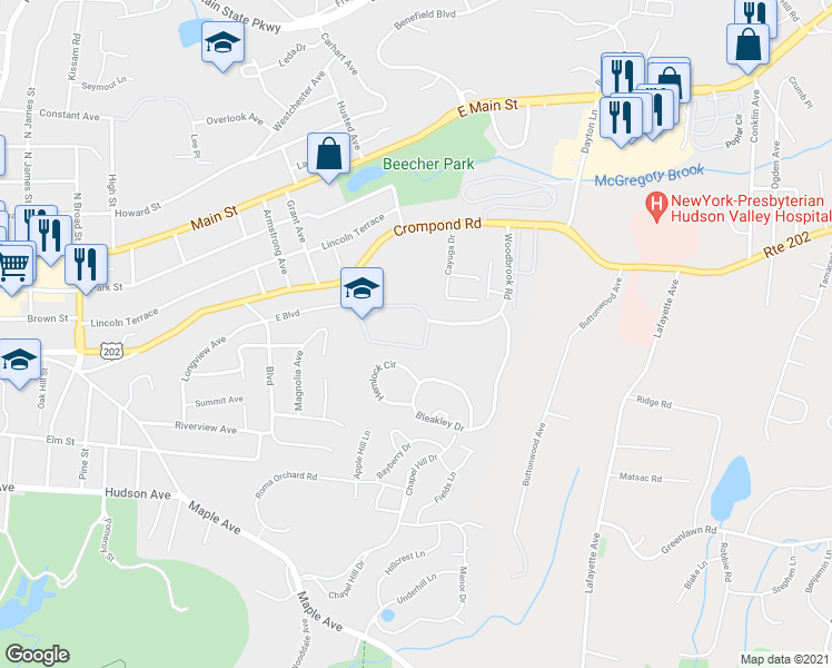 map of restaurants, bars, coffee shops, grocery stores, and more near 3412 Villa at the Woods in Peekskill