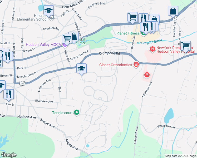 map of restaurants, bars, coffee shops, grocery stores, and more near 58 Villa Drive in Peekskill