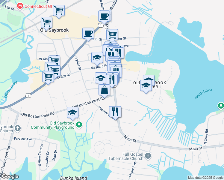 map of restaurants, bars, coffee shops, grocery stores, and more near 19 Old Boston Post Road in Old Saybrook