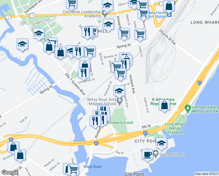 map of restaurants, bars, coffee shops, grocery stores, and more near 141 Plymouth Street in New Haven
