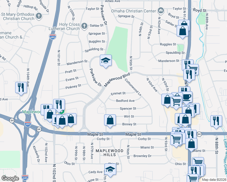 map of restaurants, bars, coffee shops, grocery stores, and more near 9603 Emmet Street in Omaha