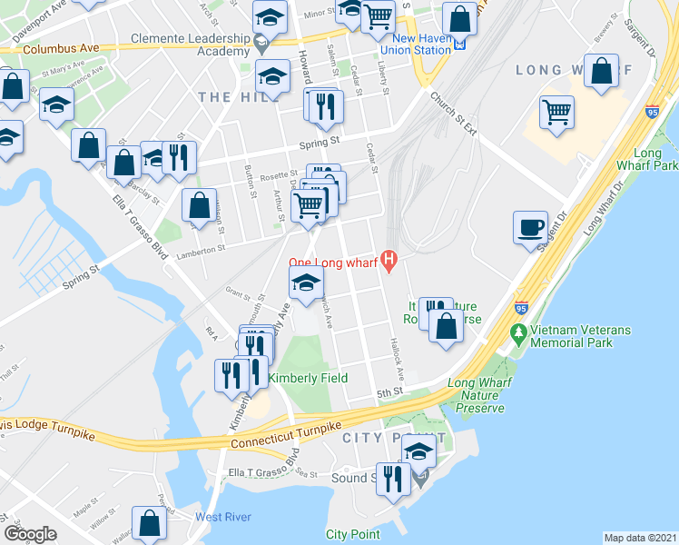 map of restaurants, bars, coffee shops, grocery stores, and more near 391 Greenwich Avenue in New Haven