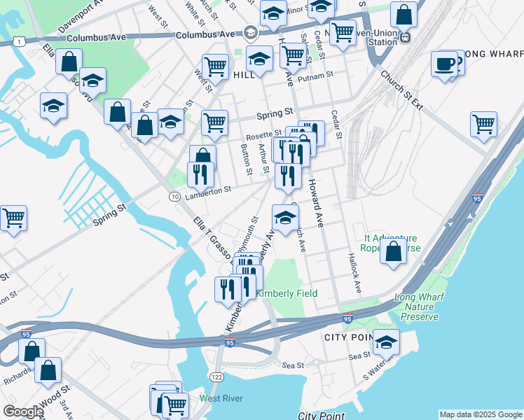 map of restaurants, bars, coffee shops, grocery stores, and more near 141 Plymouth Street in New Haven
