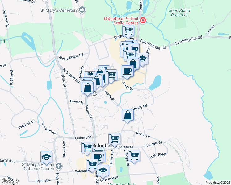 map of restaurants, bars, coffee shops, grocery stores, and more near 80 Grove Street in Ridgefield