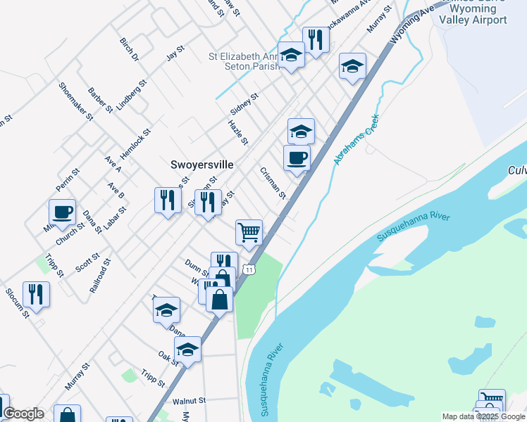 map of restaurants, bars, coffee shops, grocery stores, and more near 32 Bidlack Street in Kingston