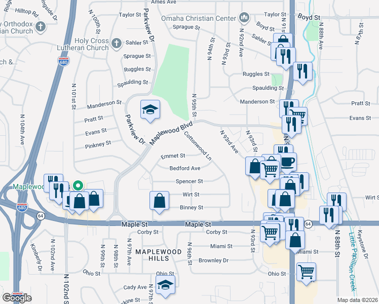 map of restaurants, bars, coffee shops, grocery stores, and more near 9504 Bedford Avenue in Omaha