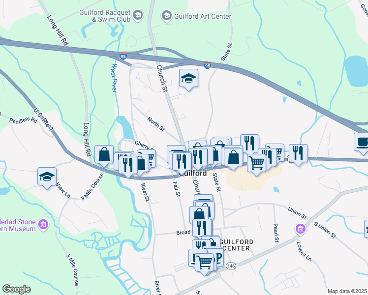 map of restaurants, bars, coffee shops, grocery stores, and more near 190 Church Street in Guilford
