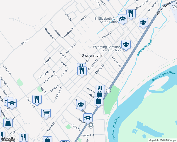 map of restaurants, bars, coffee shops, grocery stores, and more near 207 Simpson Street in Kingston