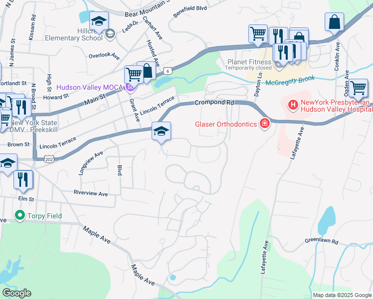 map of restaurants, bars, coffee shops, grocery stores, and more near 6313 Villa at the Woods in Peekskill