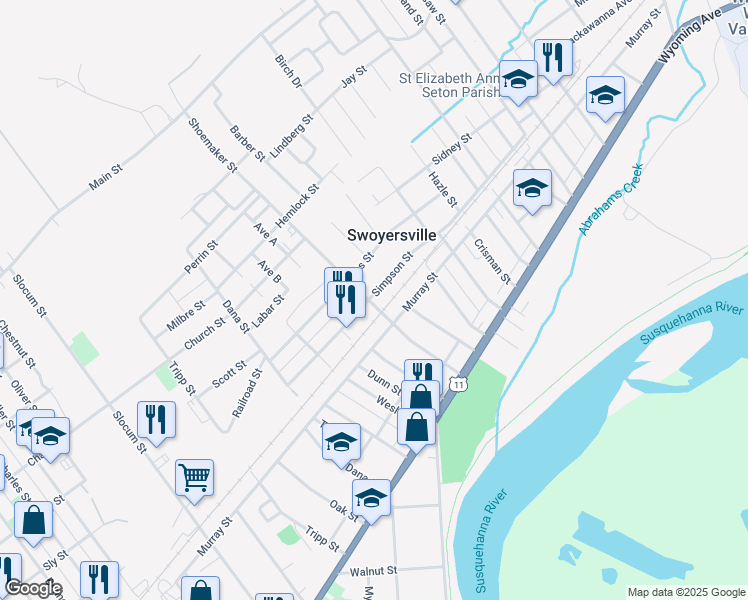 map of restaurants, bars, coffee shops, grocery stores, and more near 207 Simpson Street in Kingston
