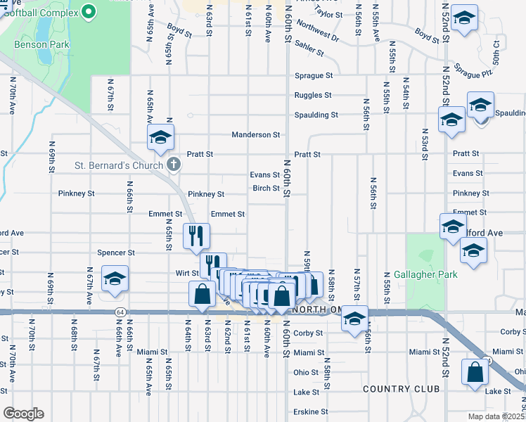 map of restaurants, bars, coffee shops, grocery stores, and more near 3300 North 60th Street in Omaha