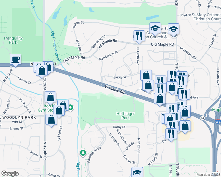 map of restaurants, bars, coffee shops, grocery stores, and more near 11433 West Maple Road in Omaha