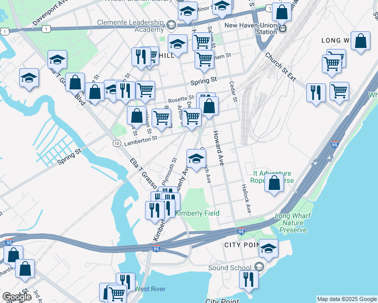 map of restaurants, bars, coffee shops, grocery stores, and more near 120 Kimberly Avenue in New Haven
