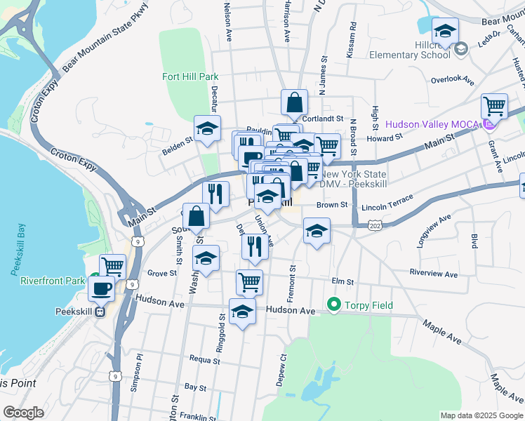 map of restaurants, bars, coffee shops, grocery stores, and more near 124 Union Avenue in Peekskill