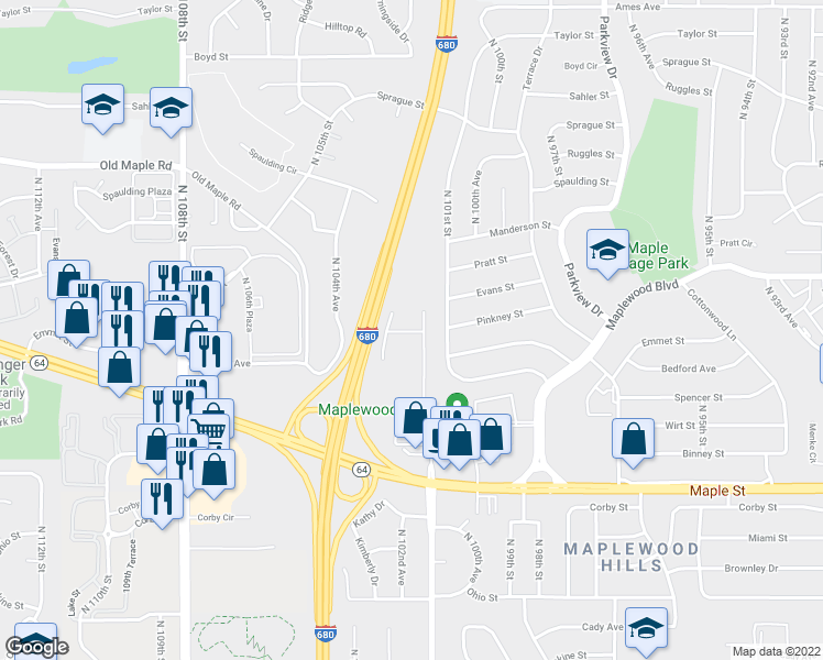 map of restaurants, bars, coffee shops, grocery stores, and more near 6102 North 102nd Street in Omaha