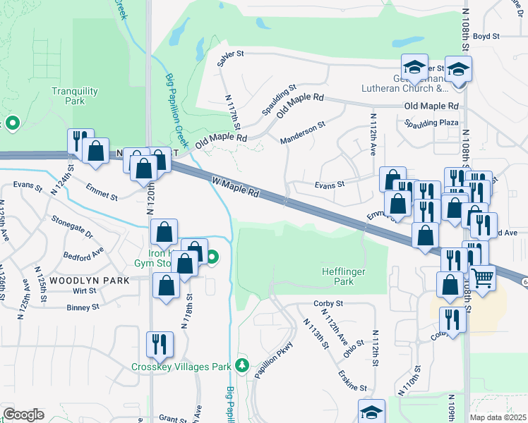 map of restaurants, bars, coffee shops, grocery stores, and more near Papillion Pkwy in Omaha