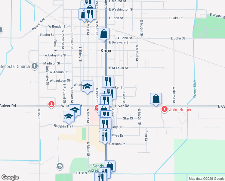 map of restaurants, bars, coffee shops, grocery stores, and more near 245-255 E Ellis St in Knox