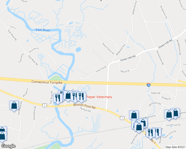 map of restaurants, bars, coffee shops, grocery stores, and more near 44 Green Hill Road in Madison
