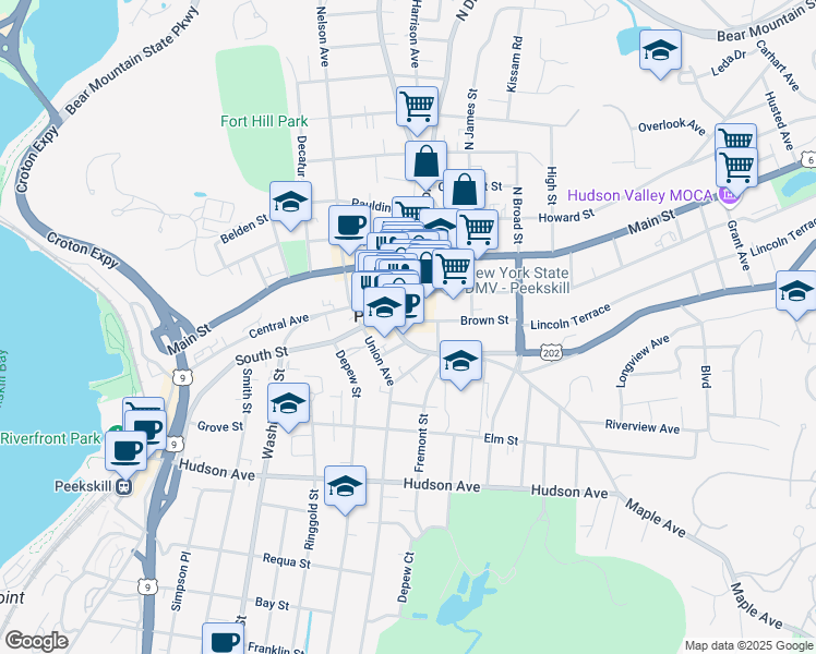 map of restaurants, bars, coffee shops, grocery stores, and more near in Peekskill