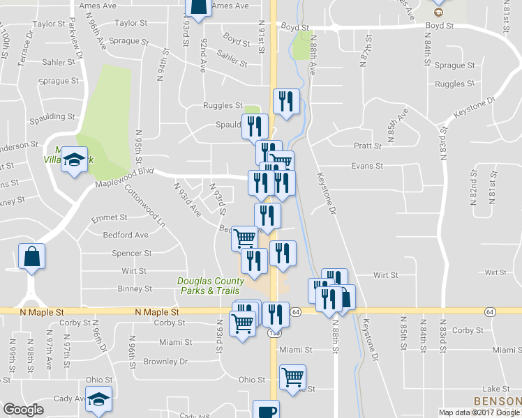 map of restaurants, bars, coffee shops, grocery stores, and more near 3420 N 90th St in Omaha