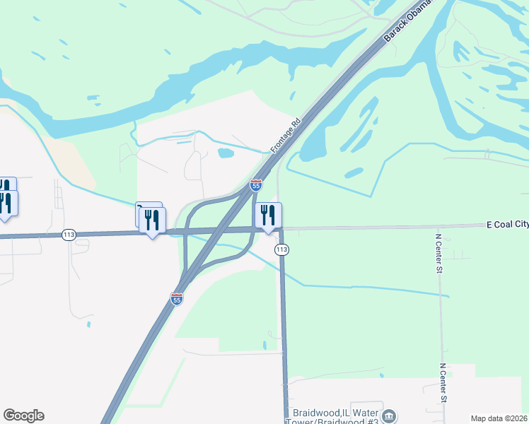 map of restaurants, bars, coffee shops, grocery stores, and more near 520 West Coal City Road in Braidwood