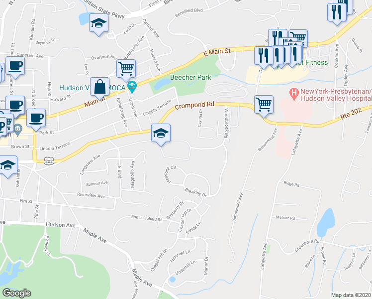 map of restaurants, bars, coffee shops, grocery stores, and more near 4408 Villa at the Woods in Peekskill