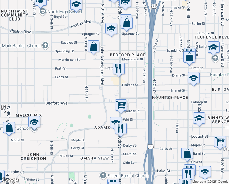 map of restaurants, bars, coffee shops, grocery stores, and more near 3028 Pinkney Street in Omaha
