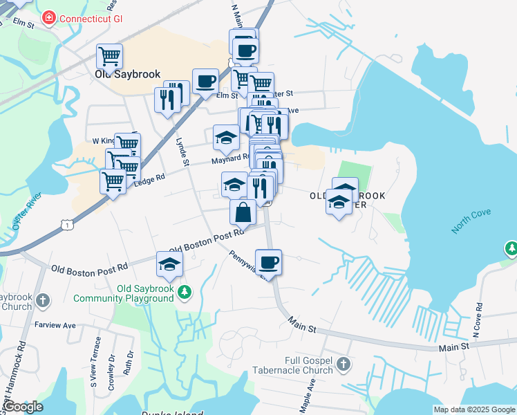 map of restaurants, bars, coffee shops, grocery stores, and more near 239 Main St in Old Saybrook