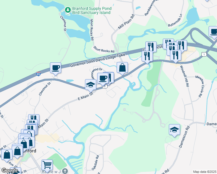 map of restaurants, bars, coffee shops, grocery stores, and more near 226 East Main Street in Branford