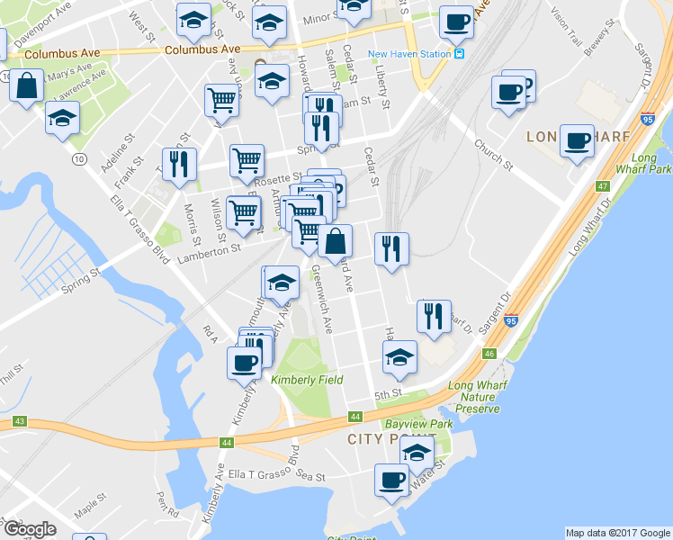 map of restaurants, bars, coffee shops, grocery stores, and more near 455 Greenwich Avenue in New Haven