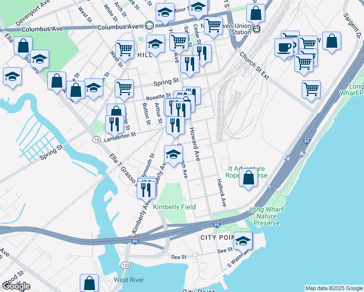 map of restaurants, bars, coffee shops, grocery stores, and more near 455 Greenwich Avenue in New Haven