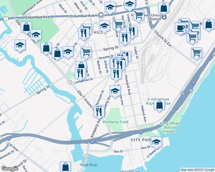 map of restaurants, bars, coffee shops, grocery stores, and more near 181 Plymouth Street in New Haven