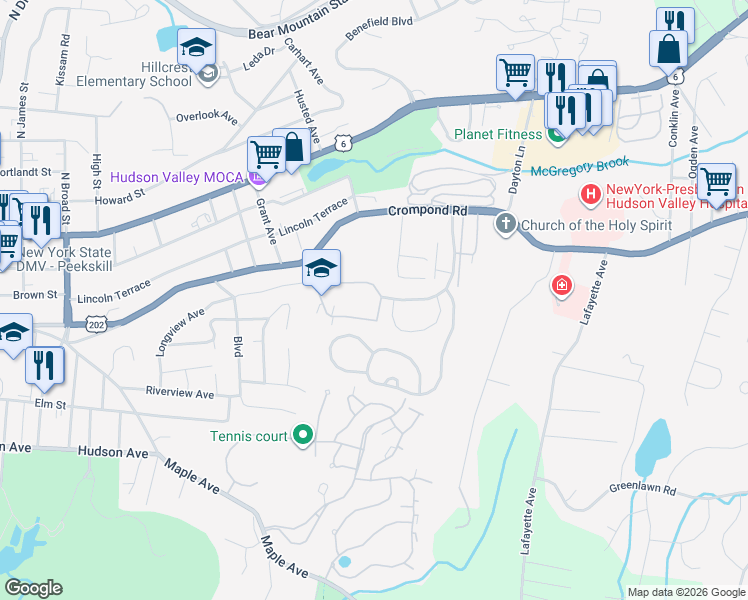 map of restaurants, bars, coffee shops, grocery stores, and more near 68 Cayuga Drive in Peekskill
