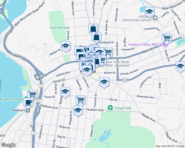 map of restaurants, bars, coffee shops, grocery stores, and more near in Peekskill