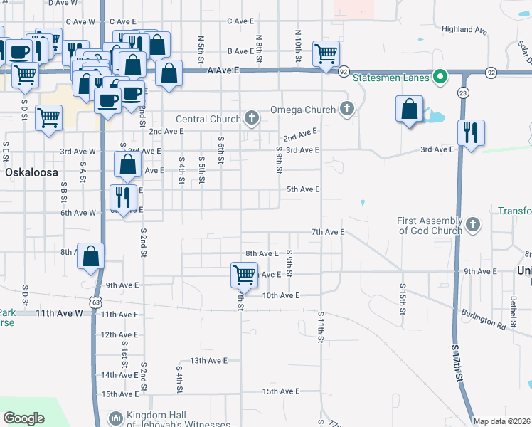 map of restaurants, bars, coffee shops, grocery stores, and more near 600-698 South 8th Street in Oskaloosa