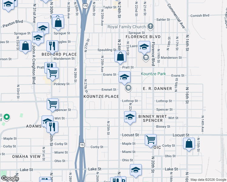 map of restaurants, bars, coffee shops, grocery stores, and more near 2411 Pinkney Street in Omaha