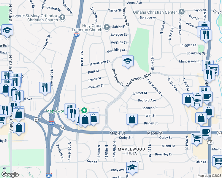 map of restaurants, bars, coffee shops, grocery stores, and more near 3504 Terrace Drive in Omaha