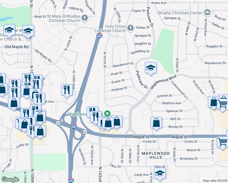 map of restaurants, bars, coffee shops, grocery stores, and more near 10011 Evans Street in Omaha