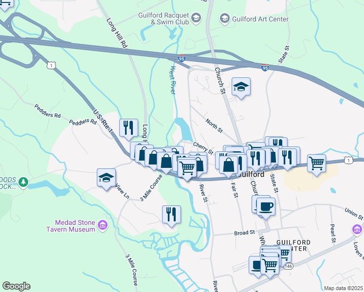 map of restaurants, bars, coffee shops, grocery stores, and more near 57 Mill Road in Guilford